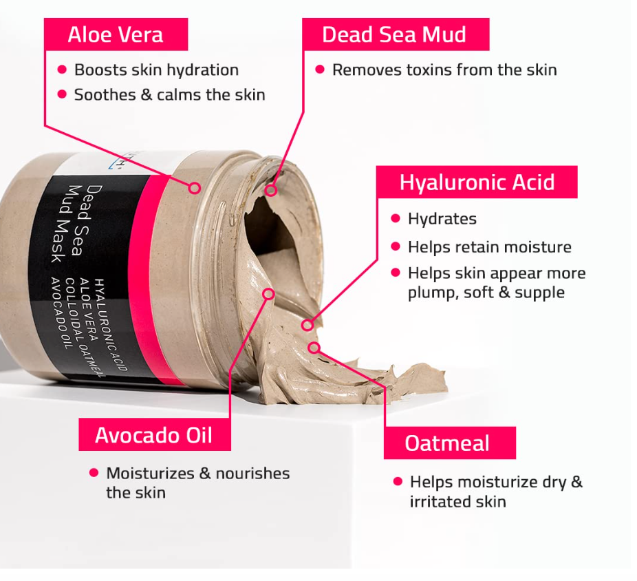YEOUTH Dead Sea Mud Mask – Purifying Face Mask with Hyaluronic Acid & Avocado Oil (8oz)