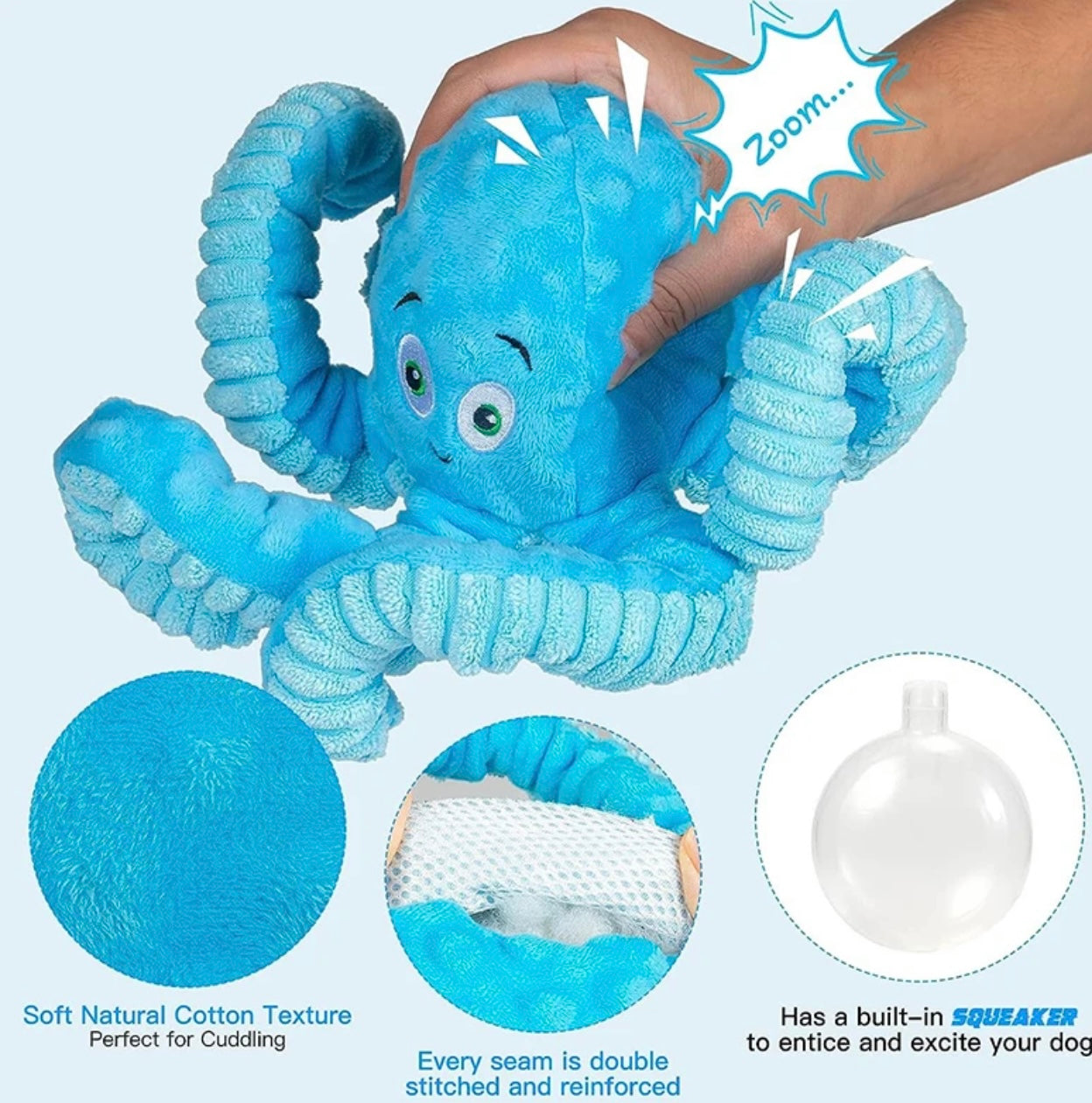 Dog Squeaky Toys Octopus -Tough Plush for Large Medium & Small Dog Toys (Blue)or (Pink )