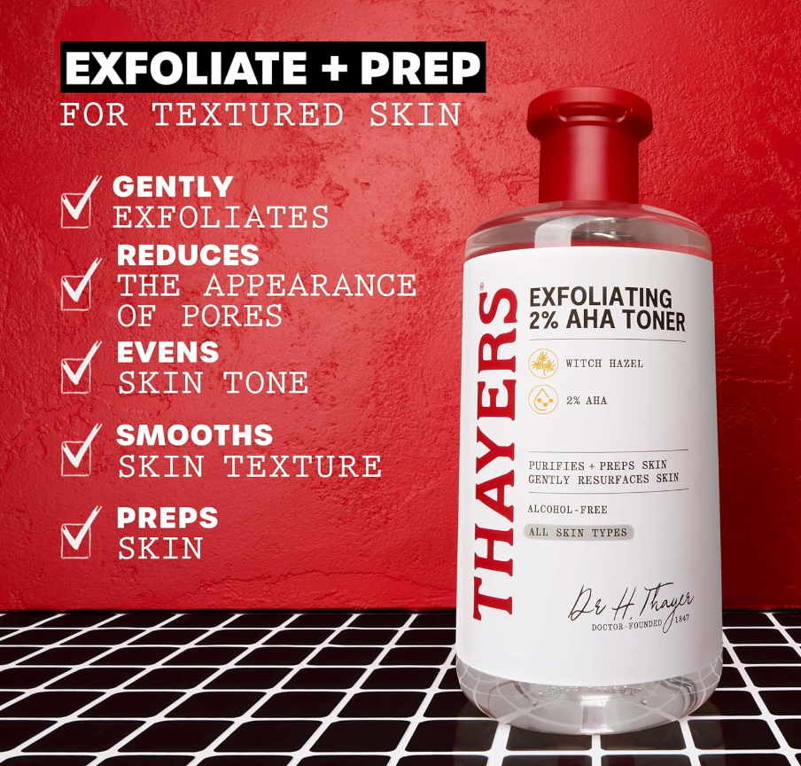 Thayers AHA Exfoliating Toner – 2% Glycolic & Lactic Acid with Witch Hazel (12 fl oz)