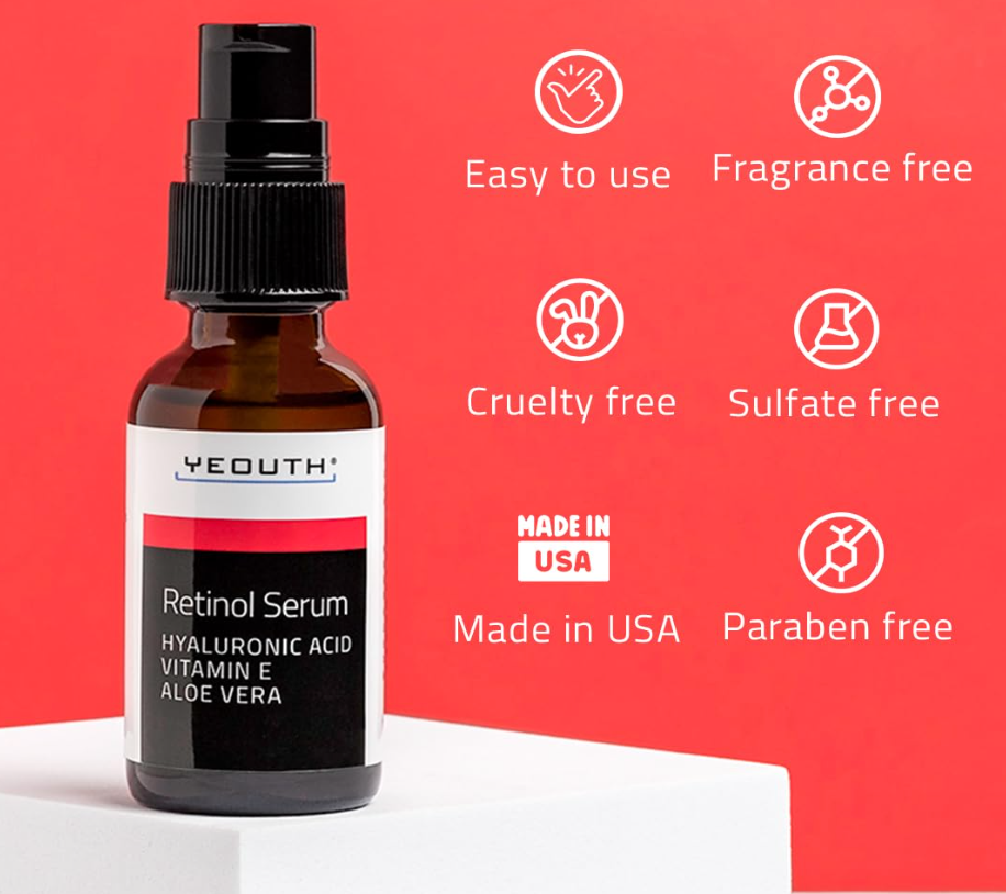 YEOUTH Retinol Serum – Anti-Aging Face Serum with Hyaluronic Acid & Vitamin E (1oz)