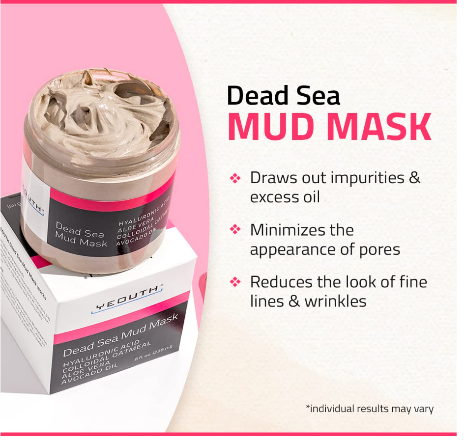 YEOUTH Dead Sea Mud Mask – Purifying Face Mask with Hyaluronic Acid & Avocado Oil (8oz)