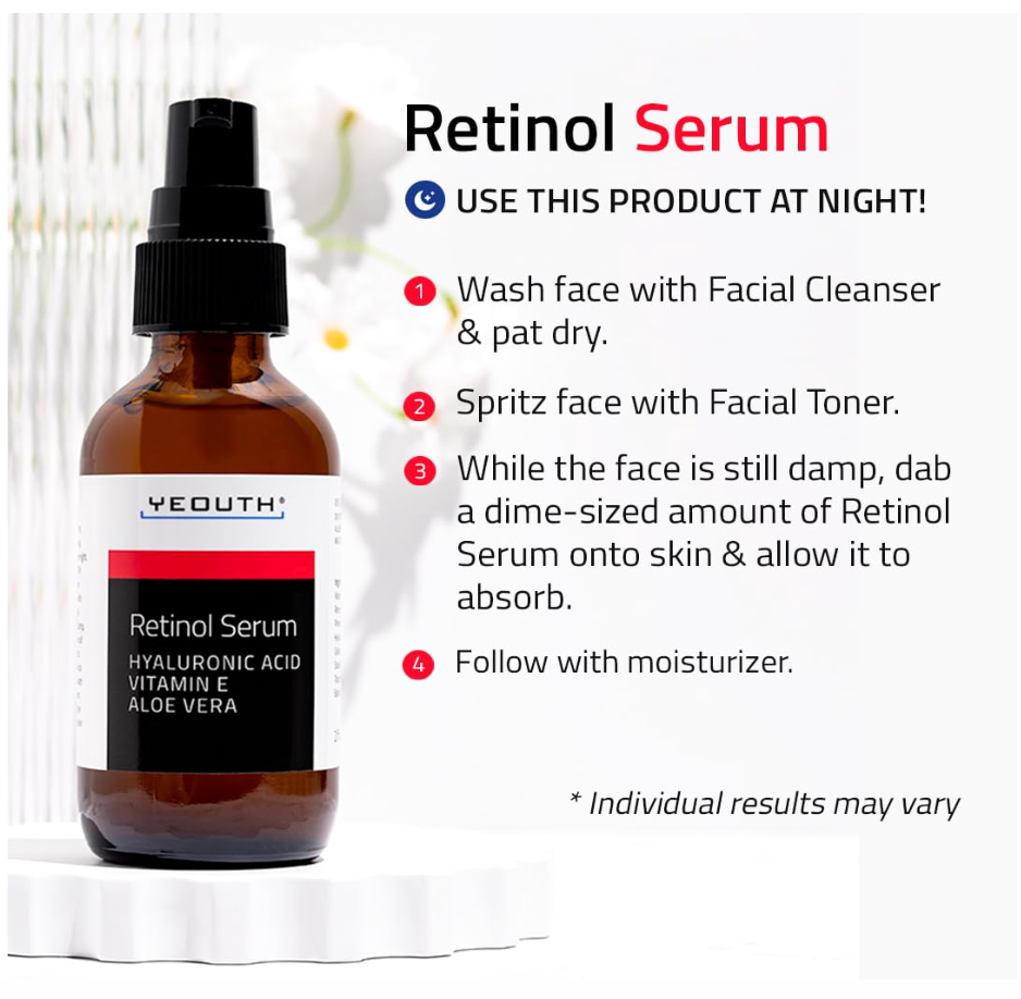 YEOUTH Retinol Serum – Hydrating Face Serum with Hyaluronic Acid & Vitamin E (2oz)