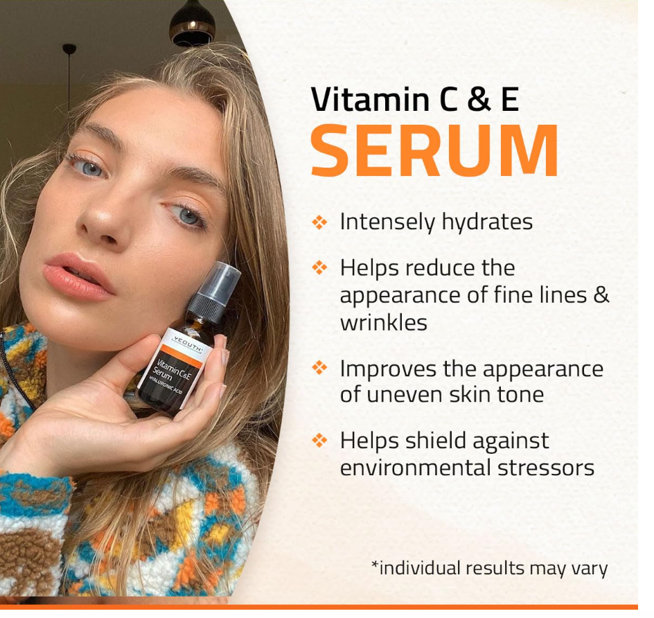 YEOUTH Vitamin C Serum – Brightening Face Serum with Hyaluronic Acid (1oz)